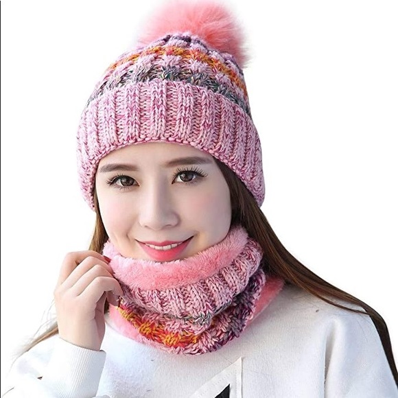 Winter Hat Accessories - 2 Piece New Womens Bundle Knitted Fleece Windproof Scarf Chin Mask and Hat